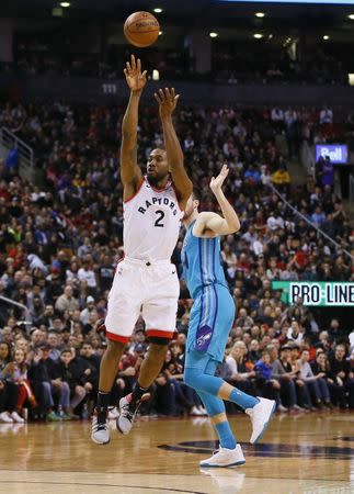 Mar 24, 2019; Toronto, Ontario, CAN; Toronto Raptors forward Kawhi Leonard (2) shoots for a basket against the Charlotte Hornets at Scotiabank Arena. Charlotte defeated Toronto. Mandatory Credit: John E. Sokolowski-USA TODAY Sports