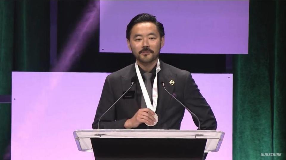 Kin chef and co-owner Kris Komori speaks after accepting his James Beard Award in Chicago on Monday.