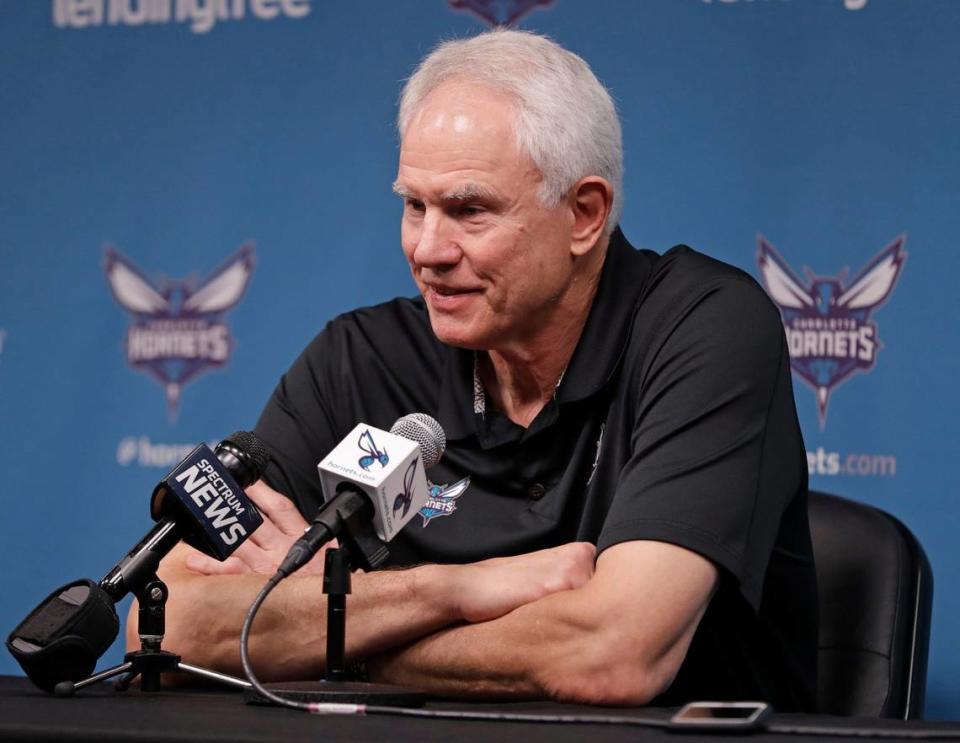 FILE - Charlotte Hornets general manager Mitch Kupchak speaks to the media during a news conference for the NBA basketball team in Charlotte, N.C., April 12, 2019. The Charlotte Hornets have two picks in the first round of the NBA draft on Thursday June 23, 2022 — and no head coach in place to help facilitate those decisions. (AP Photo/Chuck Burton, File)