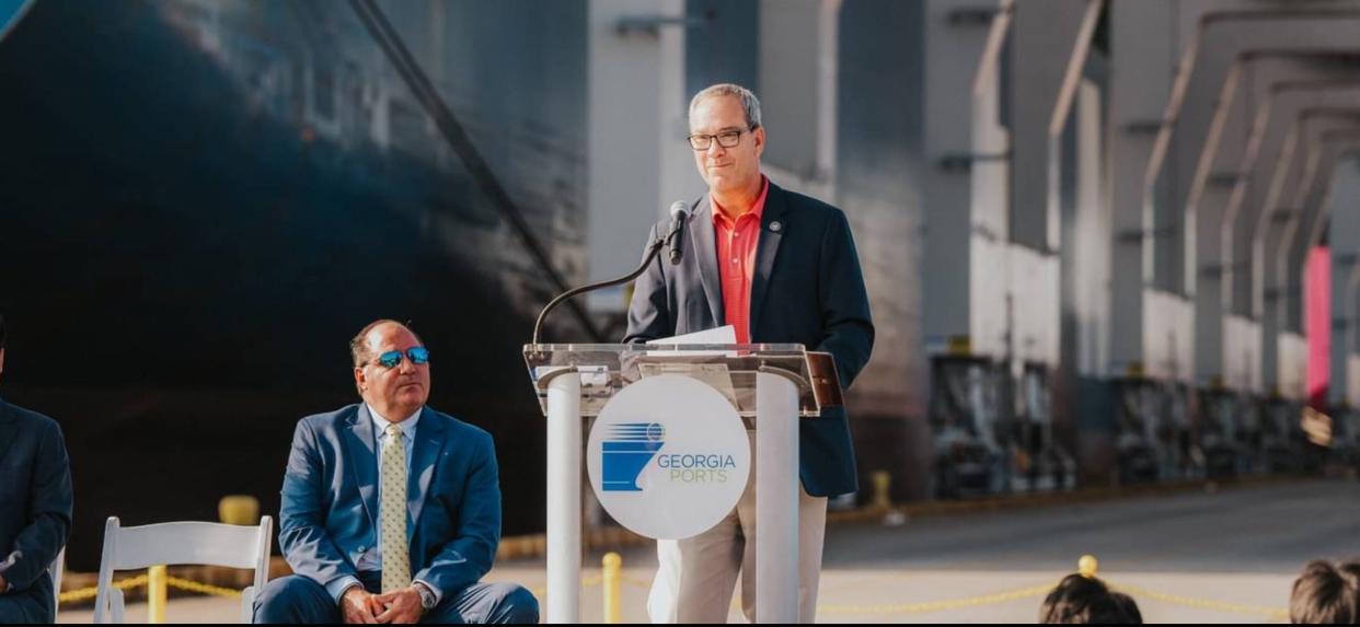 Bryan County Chairman Carter Infinger speaks during a ceremony at the Georgia Ports Authority.