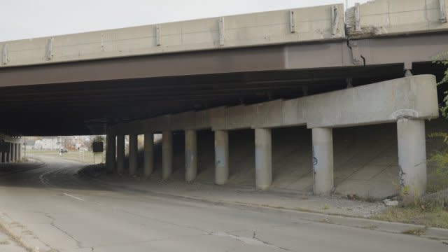 A bridge constructed with uncoated weathering steel.