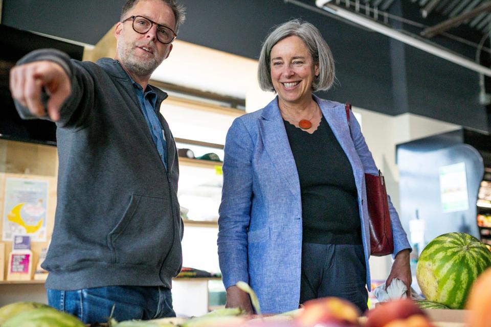 Stacy Dean, U.S. Department of Agriculture deputy under secretary, tours the Market at Eastpoint in Oklahoma City with Marc Jones, director of foods for Restore OKC, to promote the federal government's Double Up Oklahoma program aimed at low-income residents in food deserts.