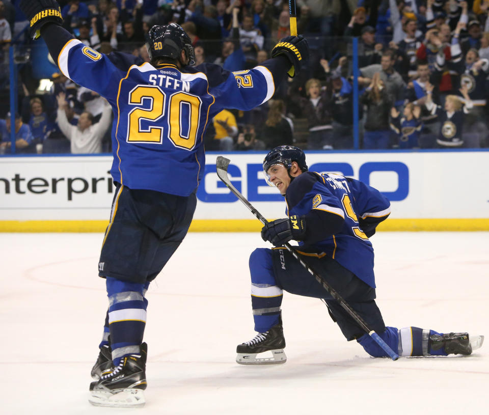 St. Louis Blues center Jaden Schwartz, right, reacts after scoring to pull the Blues into a tie with the Chicago Blackhawks during the closing minutes of the third period of Game 1 of an NHL hockey opening-round playoff series, Thursday, April 17, 2014, in St. Louis. At left is teammate Alexander Steen. (AP Photo/St. Louis Post-Dispatch, Chris Lee) EDWARDSVILLE OUT ALTON OUT