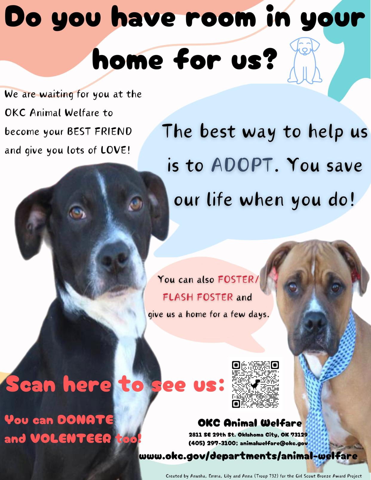 This is a flyer created by Girl Scouts troop 732. As part of their Bronze Award Project with Oklahoma City Animal Welfare, the troop created a flyer to pass out in neighborhoods and hang up at stores, schools, etc.