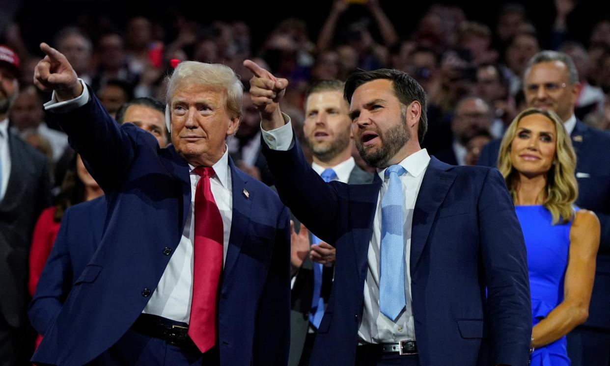 <span>Donald Trump and JD Vance at day one of the Republican national convention at the Fiserv Forum in Milwaukee, Wisconsin, on Monday.</span><span>Photograph: Elizabeth Frantz/Reuters</span>