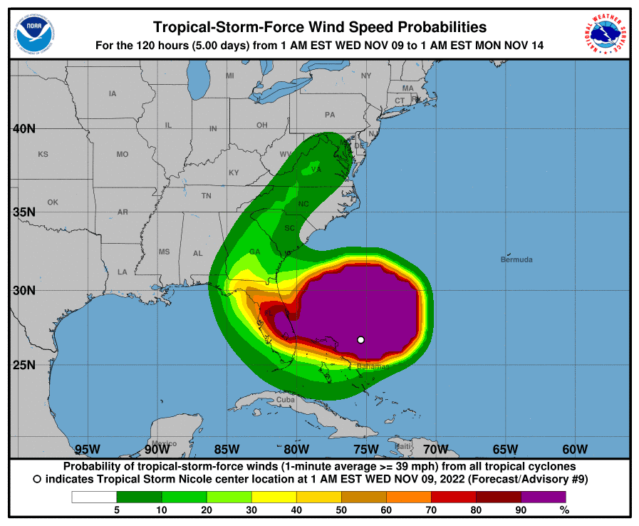 Tropical Storm Nicole 4 a.m. Nov. 9, 2022.