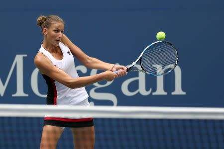 Sep 5, 2016; New York, NY, USA; Karolina Pliskova of the Czech Republic hits a backhand against Venus Williams of the United States (not pictured) on day eight of the 2016 U.S. Open tennis tournament at USTA Billie Jean King National Tennis Center. Pliskova won 4-6, 6-4, 7-6(3). Mandatory Credit: Geoff Burke-USA TODAY Sports