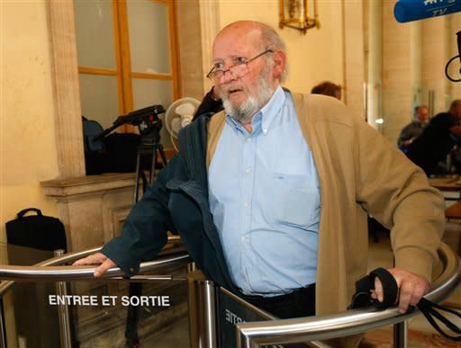 Jean-Claude Mas,  founder and former owner of French company PIP, or Poly Implant Prothese,  arrives for the verdict in his appeal trial in Aix en Provence, southern France, Monday, May 2, 2016. The court has upheld a four-year prison sentence against a maker of fraudulent breast implants which were given to tens of thousands of women worldwide between 2001-2010. (AP Photo/Claude Paris)