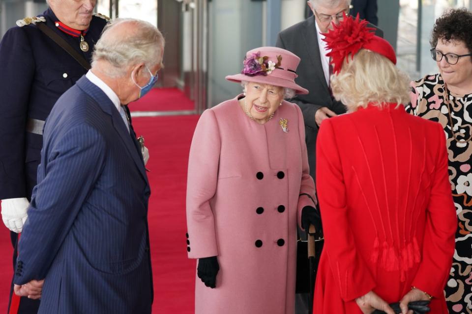 The Prince of Wales and Duchess of Cornwall joined the Queen during her visit to the Welsh Senedd (Jacob King/PA) (PA Wire)