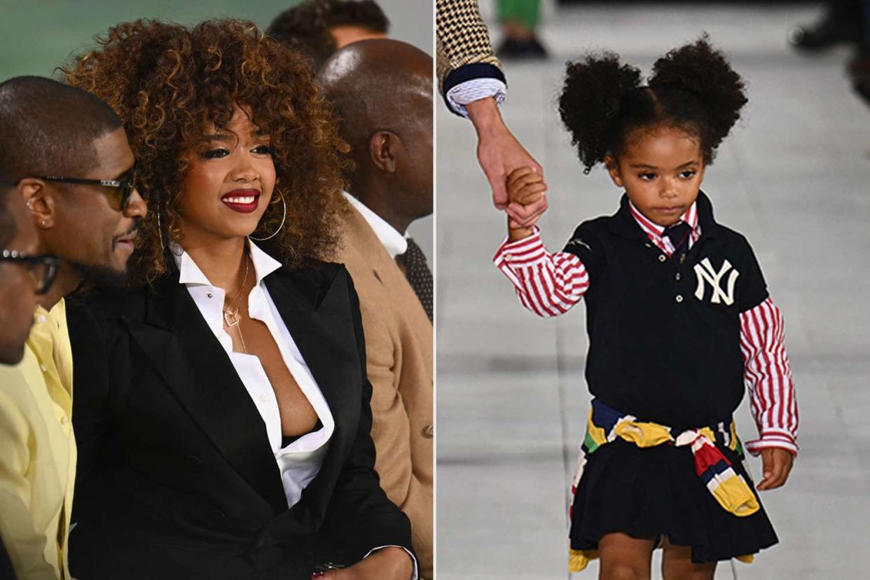 <p>ANGELA WEISS/AFP via Getty (2)</p> Usher and H.E.R. watching the fashion show; E.J. on the runway