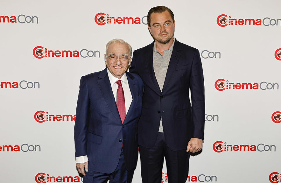 (L-R) Martin Scorsese and Leonardo DiCaprio pose for photos during "A Conversation with Martin Scorsese" and Legend of Cinema Award Presentation during CinemaCon 2023, the official convention of the National Association of Theatre Owners, at Caesars Palace on April 27, 2023 in Las Vegas, Nevada.