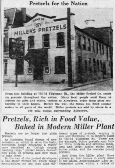 A 1940 article about the Miller Pretzels plant in Allentown, Pa. <a href="https://commons.wikimedia.org/wiki/File:1940_-_Miller_Pretzels_-_26_Aug_MC_-_Allentown_PA.jpg" rel="nofollow noopener" target="_blank" data-ylk="slk:Allentown Morning Call;elm:context_link;itc:0;sec:content-canvas" class="link ">Allentown Morning Call</a>