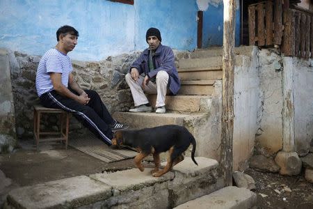 Bulgarian Roma man Georgi Petrov (L) chats with his neighbour Todor in front of his house in the village of Vrachesh January 21, 2015. REUTERS/Stoyan Nenov