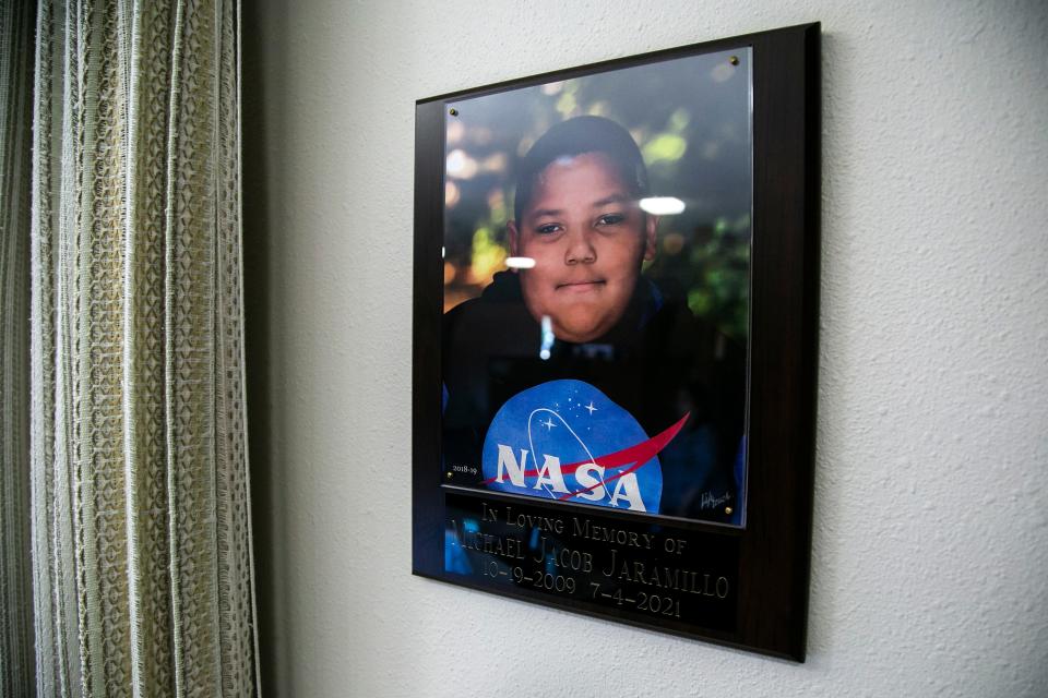 A photo of Michael Jaramillo is seen during a service on Sunday, July 3, 2022, at the Christian Life Church in Cedar Rapids, Iowa.