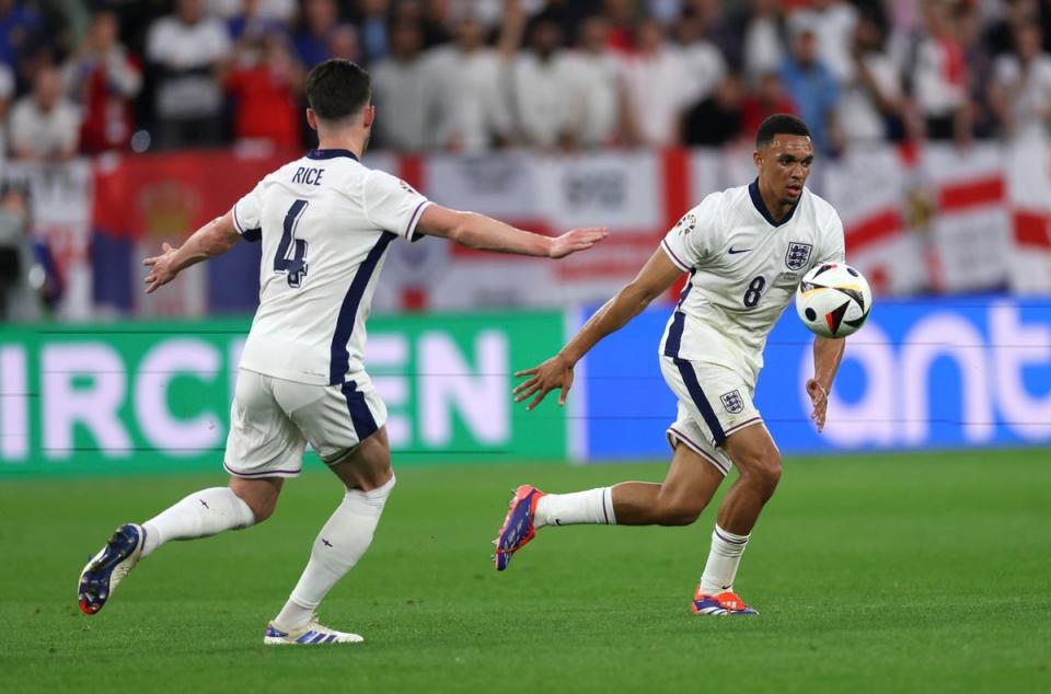 New pairing: Declan Rice and Trent Alexander-Arnold will start together in midfield again as England face Denmark (The FA via Getty Images)