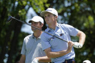 Will Zalatoris watches his tee shot on the fifth hole during the first round of the AT&T Byron Nelson golf tournament, Thursday, May 13, 2021, in McKinney, Texas. (AP Photo/Tony Gutierrez)