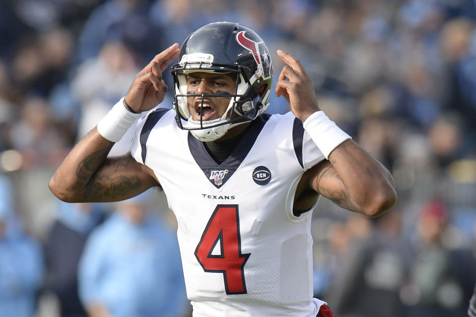 Houston Texans quarterback Deshaun Watson calls a play against the Tennessee Titans in the first half of an NFL football game Sunday, Dec. 15, 2019, in Nashville, Tenn. (AP Photo/Mark Zaleski)