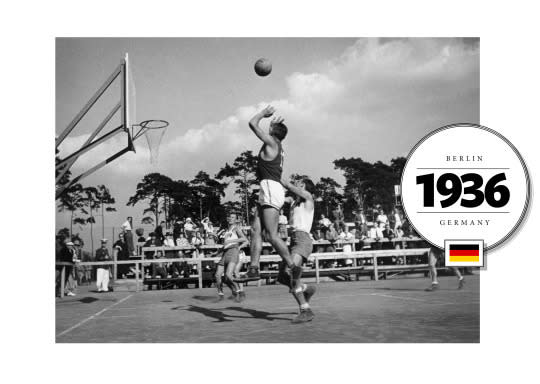 In its first year, the Olympic basketball tournament was held on the outdoor tennis courts. Players wore cotton tank tops and short-shorts. (Photo: Getty Images)