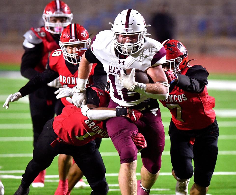 Hawley running back Austin Cumpton drives for the end zone. Cumpton rushed for 124 yards and two scores.