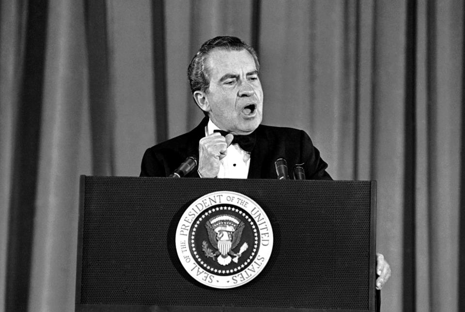 <p>President Richard Nixon tells Republican campaign contributors on May 9, 1973, in Washington that he will get to the bottom of the Watergate scandal, and not let it keep him from making ìthe next four years better than the last four years. (Photo: John Duricka/AP) </p>