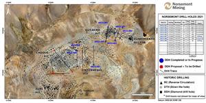 Choquelimpie historic open pits and drill holes, with Norsemont’s Q4 2021 drill hole locations.