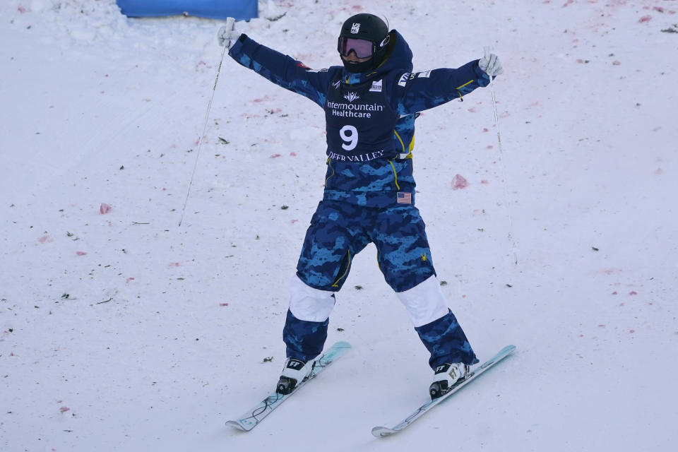 United States' Kai Owens reacts after a run in the finals of a World Cup freestyle moguls competition at Deer Valley Resort in Park City, Utah, Friday, Jan. 14, 2022. (AP Photo/Rick Bowmer)