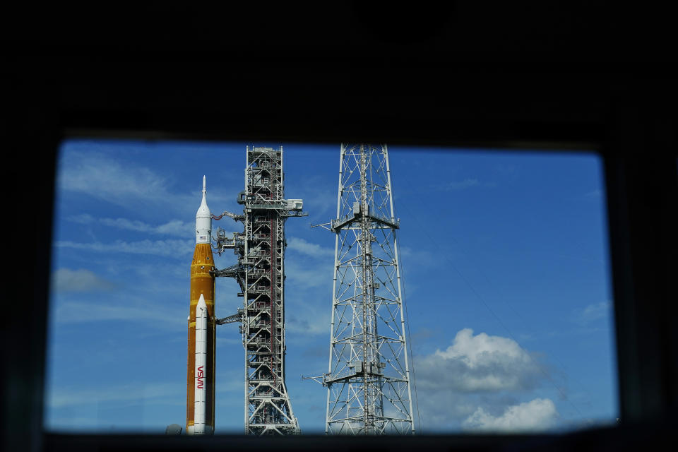 The NASA moon rocket stands on Pad 39B before the Artemis 1 mission to orbit the moon at the Kennedy Space Center, Thursday, Sept. 1, 2022, in Cape Canaveral, Fla. (AP Photo/Brynn Anderson)