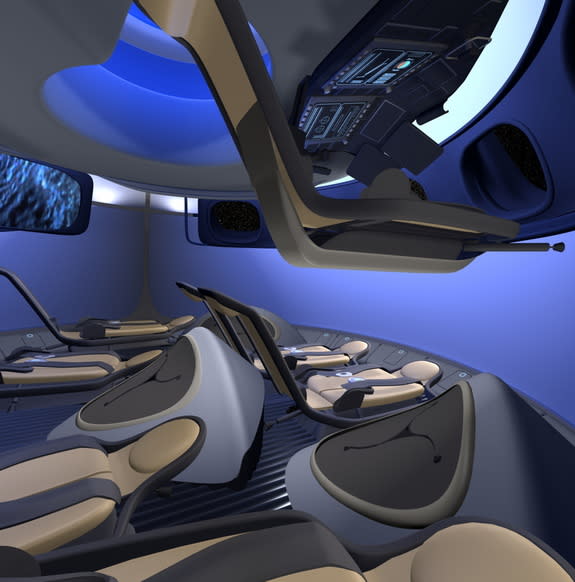 Boeing's new commercial interior of its Crew Space Transportation (CST-100) next-generation manned space capsule, showing how people other than NASA astronauts may one day travel to space.