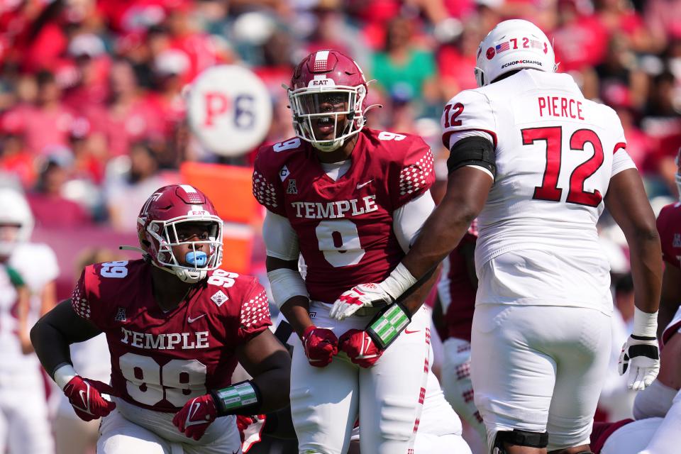 Darian Varner of the Temple Owls reacts after a play against the Rutgers Scarlet Knights in the first half at Lincoln Financial Field on September 17, 2022 in Philadelphia, Pennsylvania.