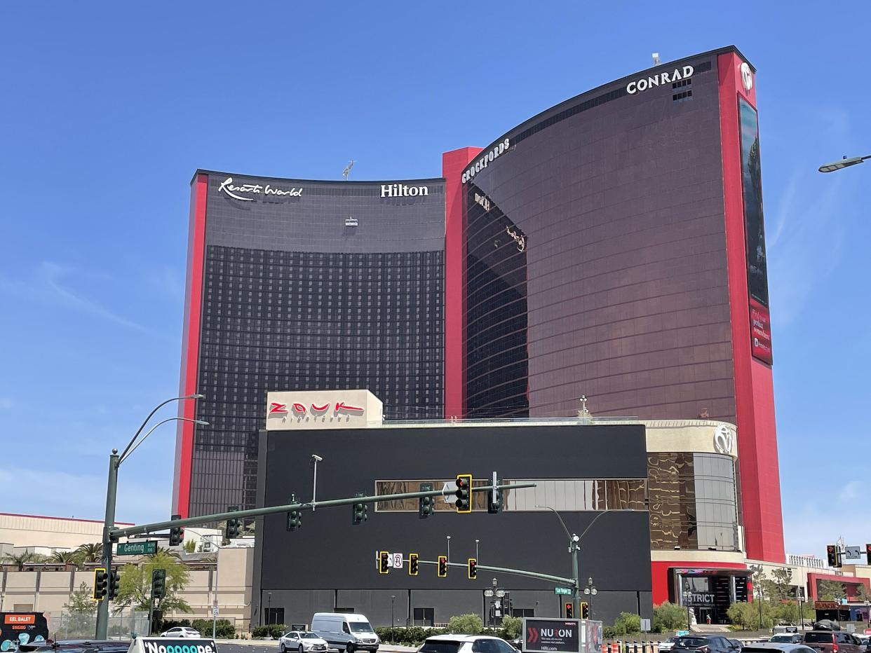 Exterior of the Resorts World Las Vegas structure viewed from the South-East on Las Vegas Blvd. in May 2022.