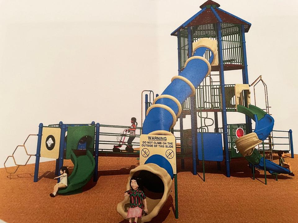 A rendering of part of Plainfield officials' plan to upgrade Lions Park with, among other components, a splash pad, new playscape structure and fitness area. The proposed phased work would be funded with state grant and town funds.