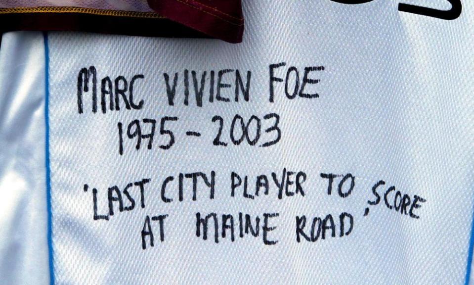 A Manchester City fan’s tribute to Marc-Vivien Foe hangs outside Maine Road in 2003.