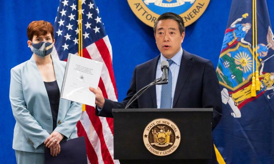 Investigators Yoon Kim and Anne Clark at a press conference on Tuesday.