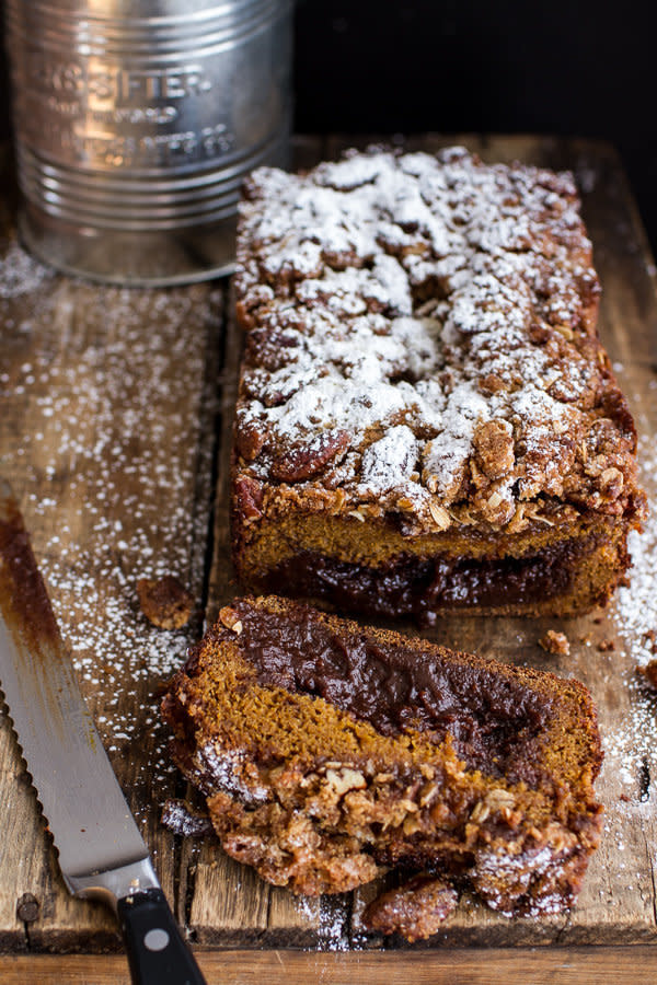 <strong>Get the <a href="http://www.halfbakedharvest.com/molten-chocolate-pumpkin-streusel-bread-heavy-chocolate-streusel/" target="_blank">Molten Chocolate Pumpkin Streusel Bread recipe</a> from Half Baked Harvest</strong>