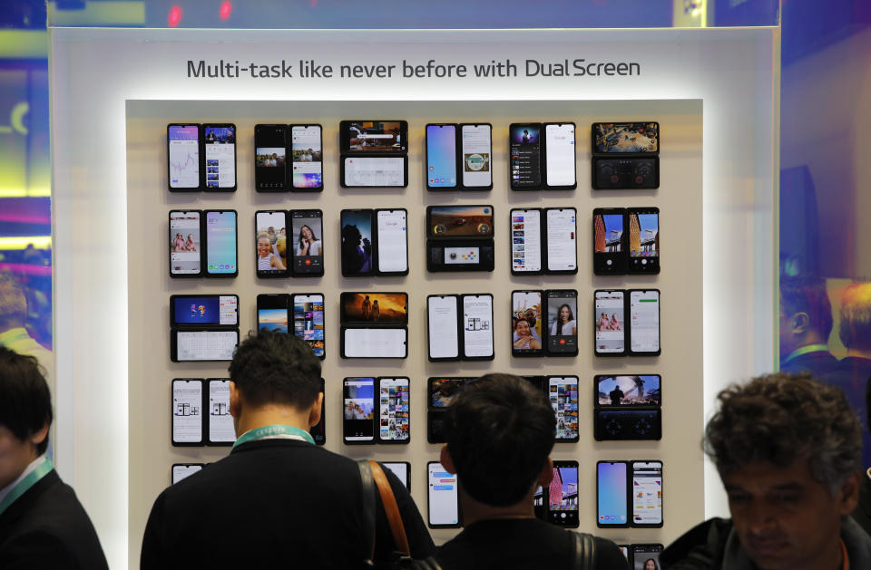 LG G8X ThinQ Dual Screen phones are on display at the LG booth during the CES tech show, Tuesday, Jan. 7, 2020, in Las Vegas. (AP Photo/John Locher)