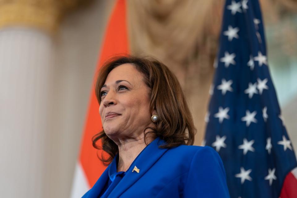 Vice President Kamala Harris standing in front of an American flag.