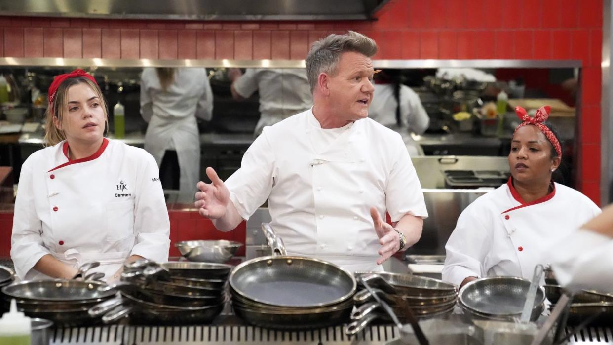  Carmen, Gordon Ramsay and Claudia on Hell's Kitchen. 