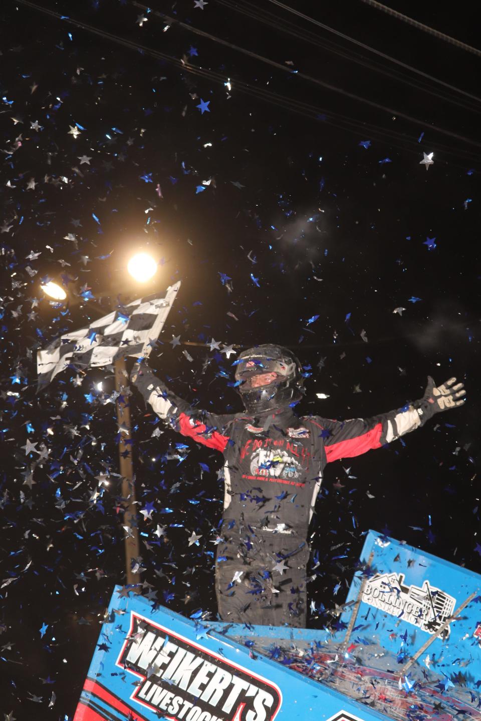 Danny Dietrich celebrates in Victory Lane after a last lap, last corner pass at Fremont Speedway to win by .054 seconds.