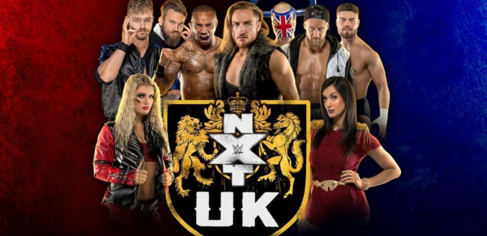 NXT UK Superstars posing behind the NXT UK logo.