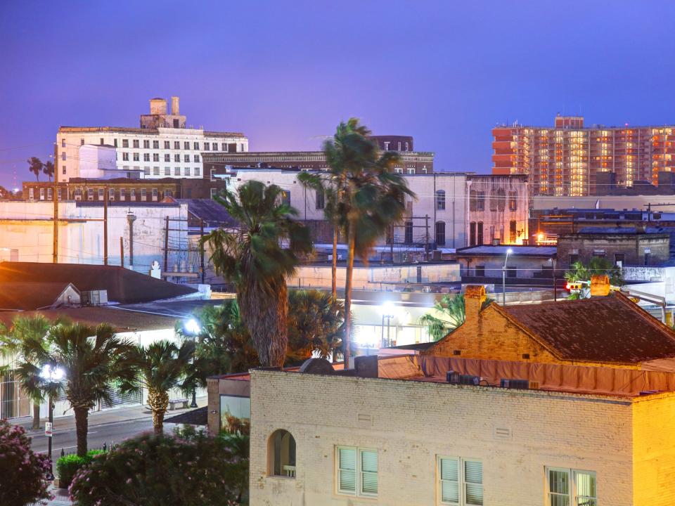 A view of buildings and palm trees in Brownsville, Texas.