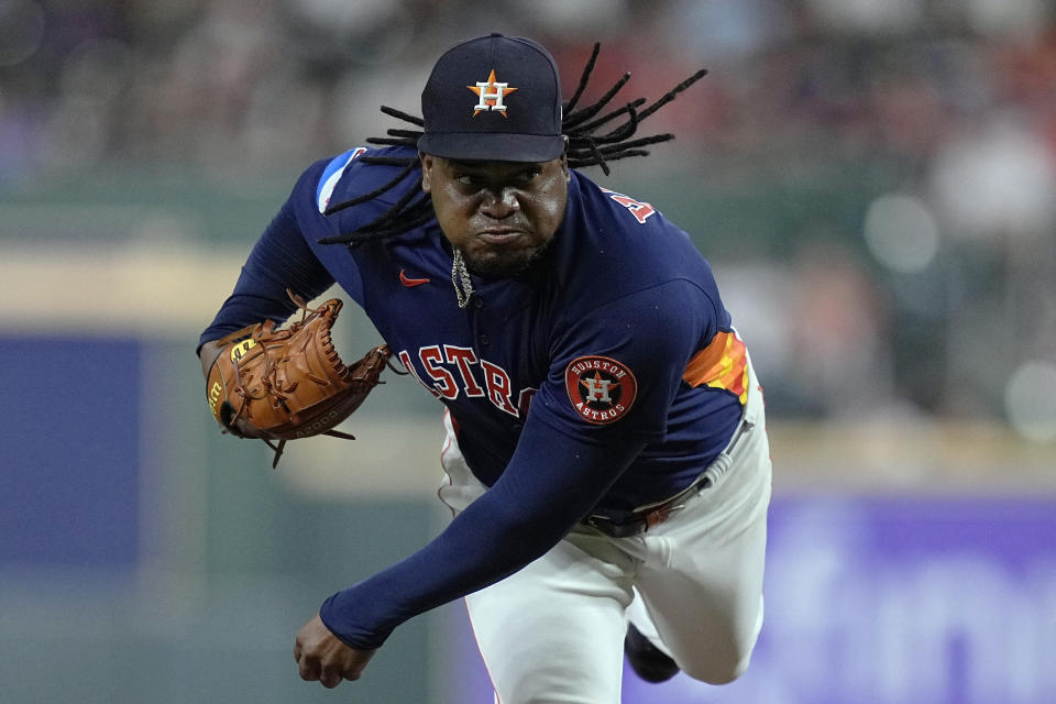 Houston Astros starting pitcher Framber Valdez delivers during the seventh inning of a baseball game against the Cleveland Guardians, Tuesday, Aug. 1, 2023, in Houston. (AP Photo/Kevin M. Cox)