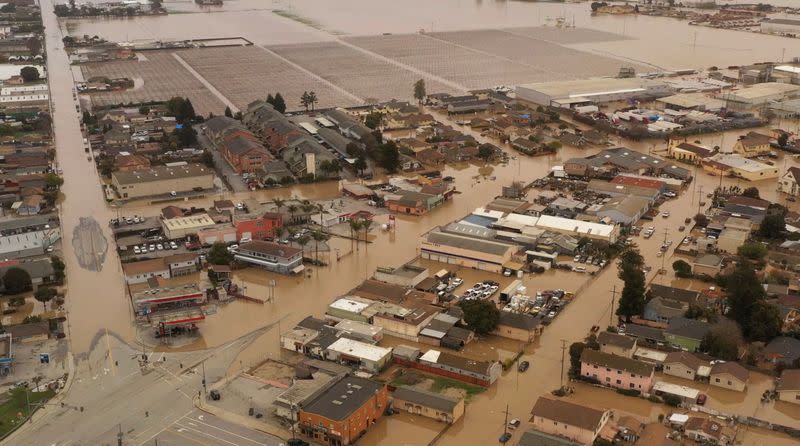 General view shows flooded streets in Pajaro, California