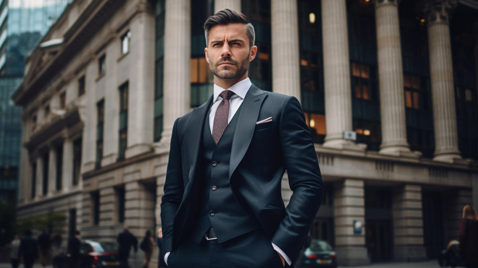 An executive in a suit standing in a busy city street in front of a bank, signifying the business of banking activities and insurance agency activities.