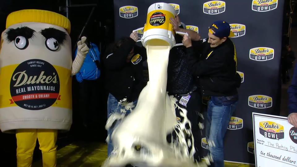 West Virginia coach Neal Brown gets doused in mayo after Mountaineers ...