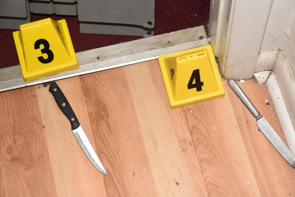 The Jacksonville Sheriff's Office said Bobby James Brown, 41, was armed with these knives when shot and killed by an officer Saturday morning, July 30, following about an hour-long standoff at a home on Grunthal Street.