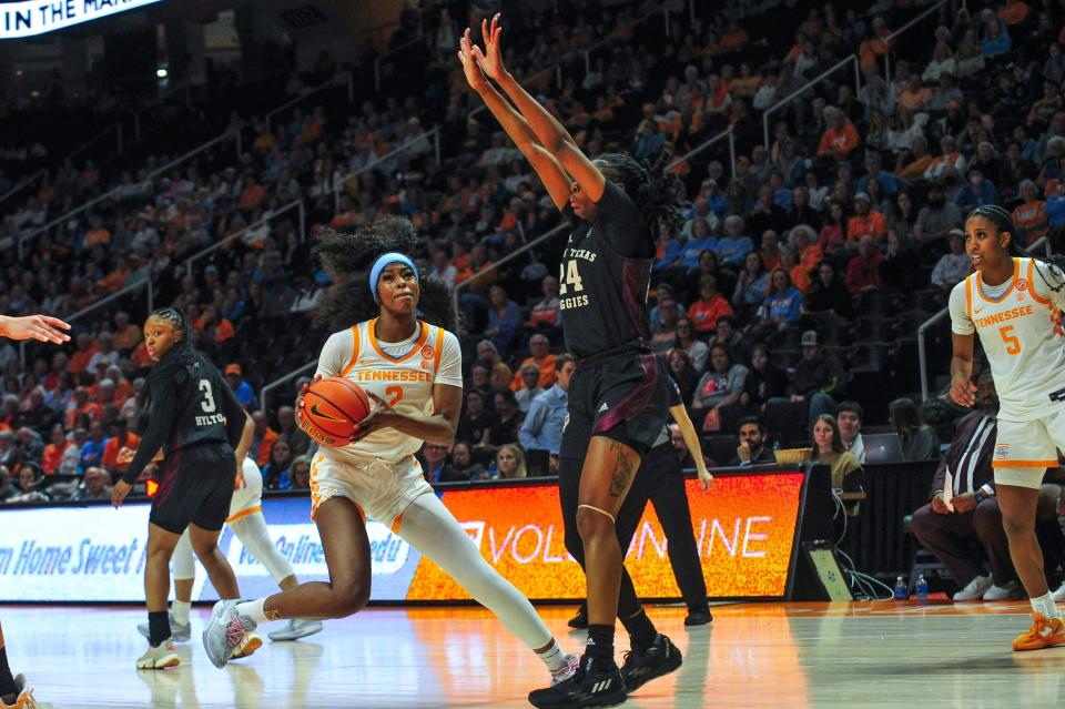 Tennessee forward Rickea Jackson (2) dribbles the ball during a NCAA game at Thompson-Boling Arena at Food City Center in Knoxville, Thursday, Feb. 29, 2024. The Lady Vols won 75-66 against Texas A&M.