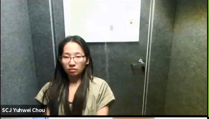 Yuhwei Chou in a holding room at the Somerset County Jail during her detention hearing on Tuesday morning.