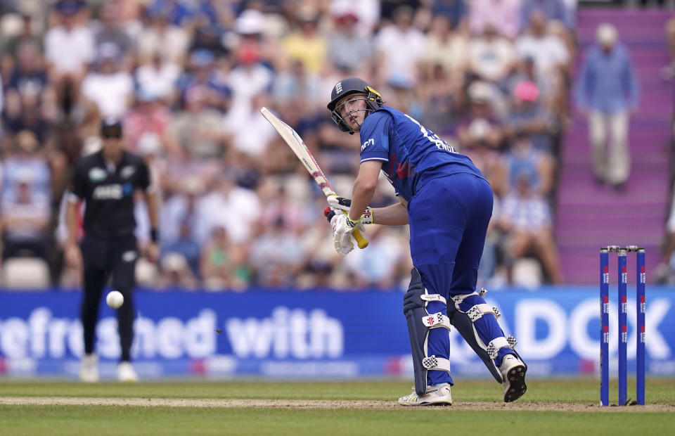 England's Harry Brook batting during the second one day international match between England and New Zealand, at The Ageas Bowl, Southampton, England, Sunday Sept. 10, 2023. (John Walton/PA via AP)