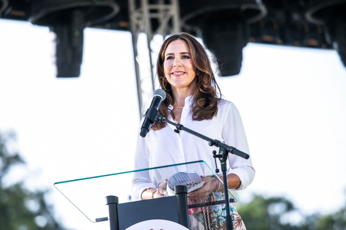 Crown Princess Mary of Denmark delivers speech during WorldPride parade in Copenhagen, Denmark, on 21 August 2021 (Ritzau Scanpix/AFP via Getty Ima)