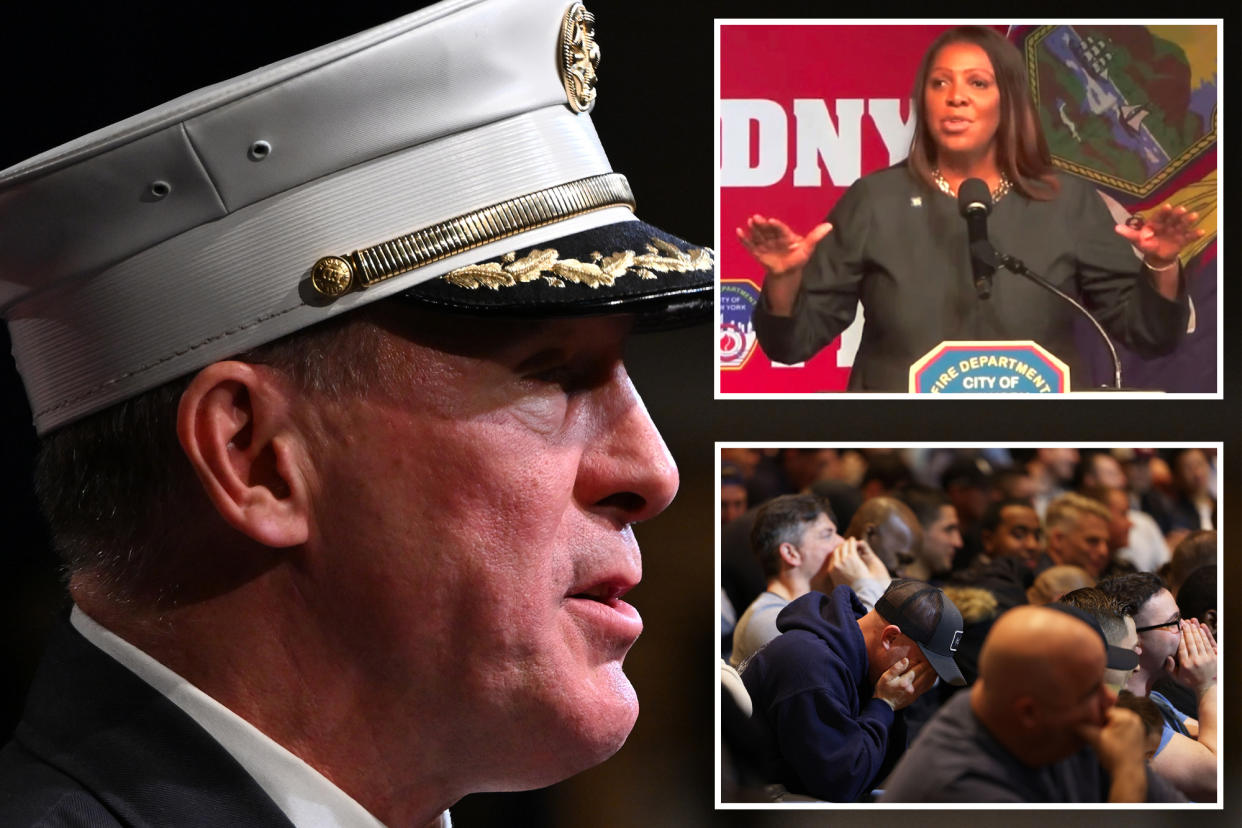 Chief of Department John Hodges, left; letitia james upper right; crowd lower right